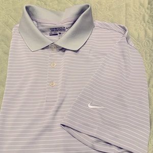 Men’s Nike dry fit grey w/wht stripes golf shirt.